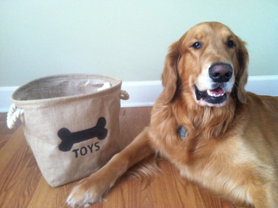 Dog Toy Organization Burlap Bin / Basket / Box with Hand Painted Bone Decoration